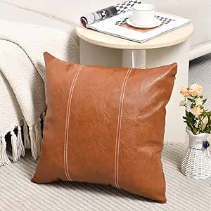 Fancy Homi Brown Boho Faux Leather Decorative Throw Pillow Covers 20x20 Inch for Living Room Couch Bed, Hand Stitched Accent Square Cushion Case 50x50 cm, Luxury Modern Farmhouse Home Decor