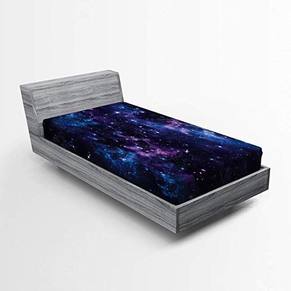 Ambesonne Space Fitted Sheet, Mystical Sky with Star Clusters Cosmos Nebula Celestial Scenery Artwork, Soft Decorative Fabric Bedding All-Round Elastic Pocket, Twin Size, Purple Blue