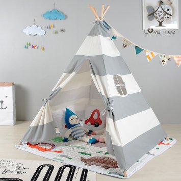 love tree Grey Striped Portable Kids Cotton Canvas Teepee Indina Play Tent Playhouse