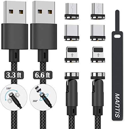 Magnetic Charging Cable, 3 in 1 Magnetic Phone Charger Cable 360°& 180° Rotation Nylon Braided (2-Pack,3ft/6ft) Compatible with Micro USB,Type C and iProduct - Black