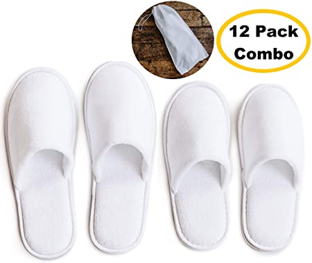 MODLUX Spa Slippers - 12 Pairs of Closed Toe Cotton Velvet Hotel/Spa Slippers with Drawstring Bags – 6 pairs of Medium 6 pairs of Large - Thick, Soft, Non-Slip - Perfect for Home or Hotel