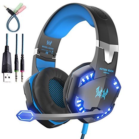 AWON Gaming Headset with Mic for PC,PS4,Xbox One,Over-ear Headphones with Volume Control LED Light Cool Style Stereo,Noise Reduction for Laptops,Smartphone,Computer (Blue)