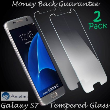 Samsung Galaxy S7 Tempered Glass Screen Protector Amplim 2-Pack Premium Protective Cover 9H Ultra Clear Scratch Proof Bubble Free Anti Fingerprint Rounded Edge Invisible Front LCD Display Protection