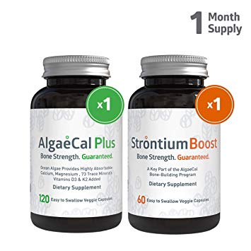 AlgaeCal Plus and Strontium Boost - Plant Based Calcium Supplement. Calcium with Magnesium, Vitamin D3, K2, Boron and Natural Strontium Citrate - Increase Your Bone Density - 1 Month Supply