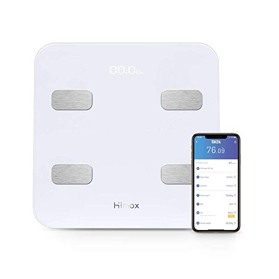 HIMOX Body Fat Scale, Highly Accurate Smart Bluetooth Digital Bathroom Body Composition Analyzer with 23 Body Composition Measuring Functions, 180 KG, USB Rechargeble, 6mm-Thick Glass