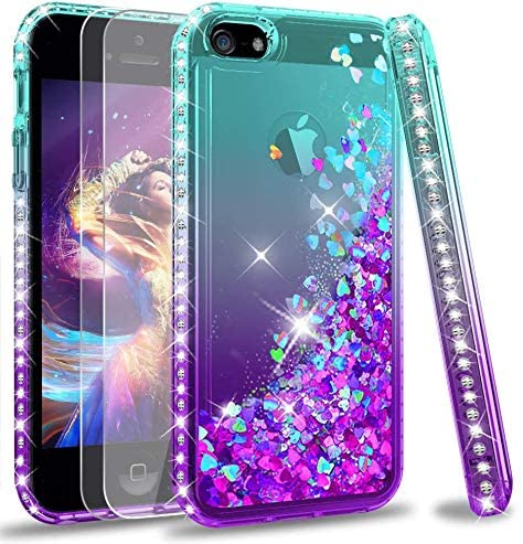 LeYi iPhone SE (2016 Edition) Case, iPhone 5S/5 Case and 2 Tempered Glass Screen Protector, Girl Glitter Liquid Cute Clear Silicone Shockproof Phone Cover for Apple iPhone SE 2016/5/5S Green Purple