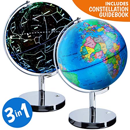 Interactive World Globe for Kids - 3 in 1 Educational Lighted Globes of the World with Stand, Earth Constellation Night Light Up Illuminated Globe