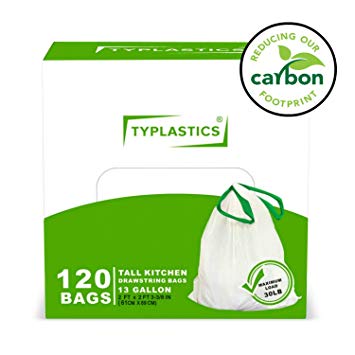 TYPLASTICS Tall Kitchen Trash Bags - Drawstring 13 Gallon Trash Bag - 120 Count - White
