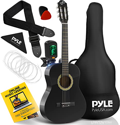 Pyle 36” Classical Acoustic Guitar-3/4 Junior Size 6 Linden Wood Guitar w/Gig Bag, Tuner, Nylon Strings, Picks, Strap, for Beginners, Adults, Right, Midnight Black (PGACLS82BK)