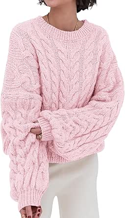 PRETTYGARDEN Womens Sweaters Fall 2024 Cable Knit Long Sleeve Crewneck Oversized Sweater Chunky Pullover Loose Outfits