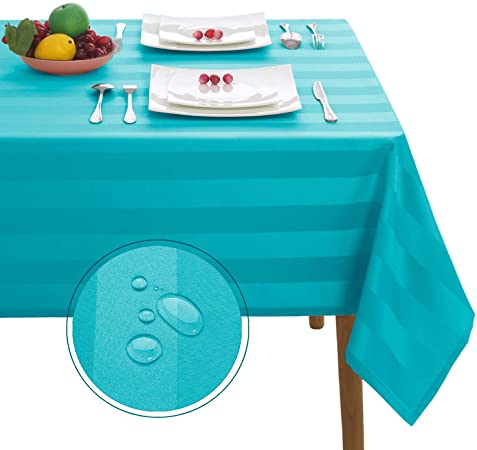 Hiasan Waterproof Striped Rectangle Tablecloth - 54 x 108 Inch - Spillproof, Stain Resistant, Waterproof Washable Fabric Oblong Table Cloth for Restaurant, Outdoor Picnic and Dining Room, Turquoise