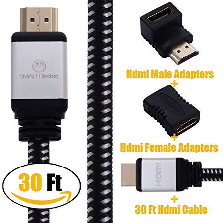 SMALLElectric HDMI Cable 30FT Nylon Braided Hdmi Cord (Two HDMI Adapters Kit)- 4K UHD HDMI 2.0/Ultra High Speed 18Gbps/Ethernet & Audio Return/Video 2160p HD 1080p 3D- Xbox PlayStation PS PC Apple TV