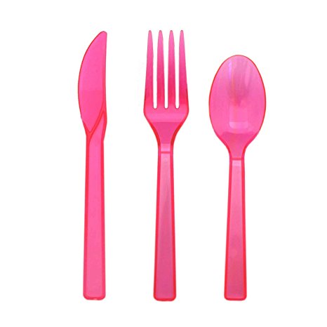 Party Essentials Neon Brights Hard Plastic Cutlery Combo Pack Available in 5 Colors, Neon Pink, 17 Place Settings