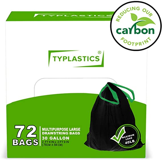 TYPLASTICS Large Drawstring Trash Bags - Multipurpose - 30 Gallon - 72 Count
