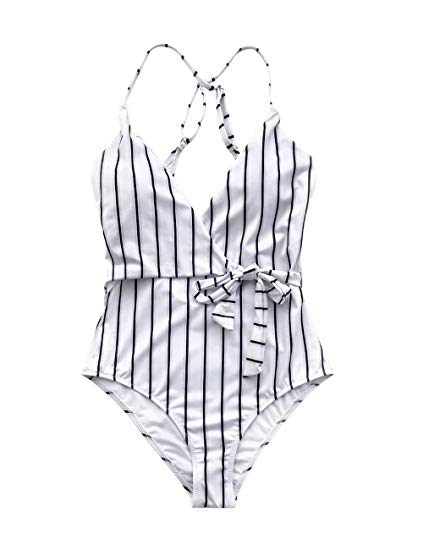 BUTTZO Fashion Stripe One-Piece Swimsuit Beach Swimwear Bathing Suit White