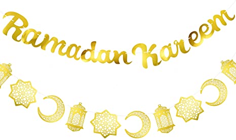Tatuo 2 Pieces Ramadan Kareem Banner Gold Glittery Banner Decorations and Moon Stars Lantern Garland Party Decorative Eid Festival Hanging Garlands for Home Party Supplies Ramadan