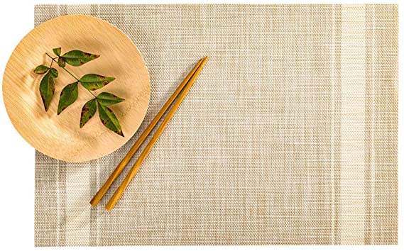 French Countryside Khaki Vinyl Woven Placemat - with Eggshell Stripe - 16" x 12" - 6 count box - Restaurantware