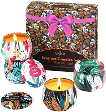 Scented Candles Gift Set, 4 Cans Made of 100% Natural Soy Wax with Essential Oils for Stress Relief, 4 Fragrances Use for Aromatherapy, Bath, Yoga, Perfect for Christmas, Birthday, Mother's Day