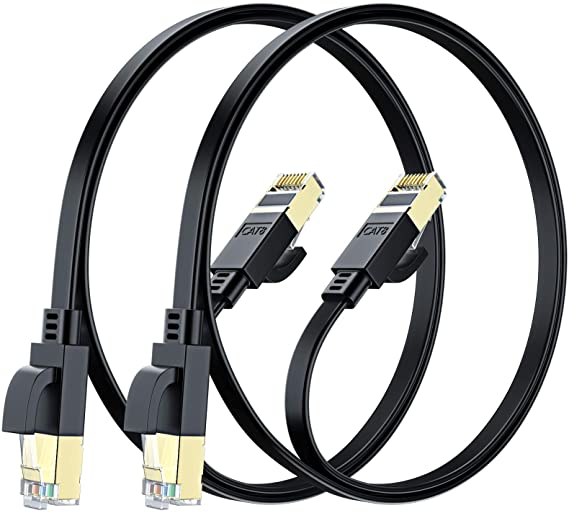 Maximm Cat8 Flat Ethernet Cable - 0.6FT - 2 Pack - Black - 40Gbps - 2000Mhz High Speed Double Shielded UTP, Patch and Network Cable