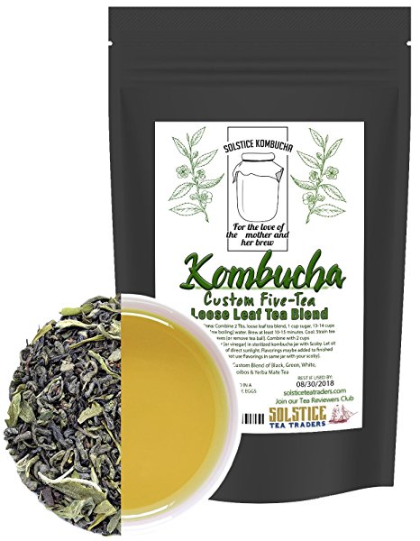 Custom Five-Tea Loose Leaf Kombucha Tea Blend (8 ounces); Handblended Custom Blend of Black, Green, White, Rooibos & Yerba Mate Tea for Brewing Kombucha (5-Tea Special Blend)