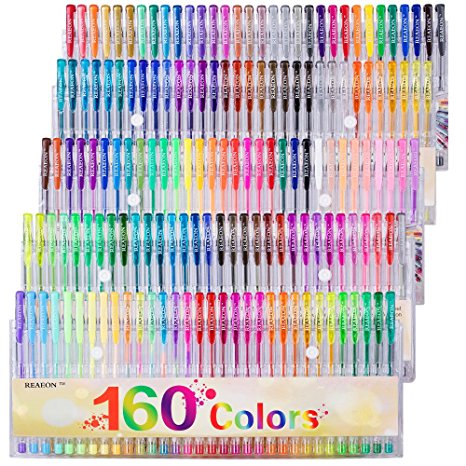 Gel Pens Colors Set, Reaeon 160 Unique Colored Gel Pen for Adults Coloring Books Drawing Art Markers