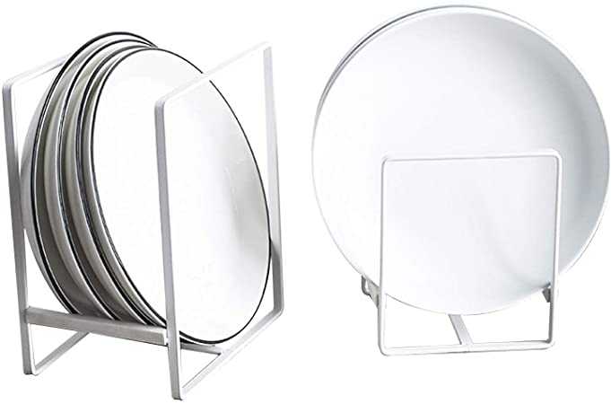 HighFree Metal Plate Dish Organizer Holder Rack White Vertical Dish Storage Display Rack for Kitchen Cabinets Counter Cupboard RV (L & S)