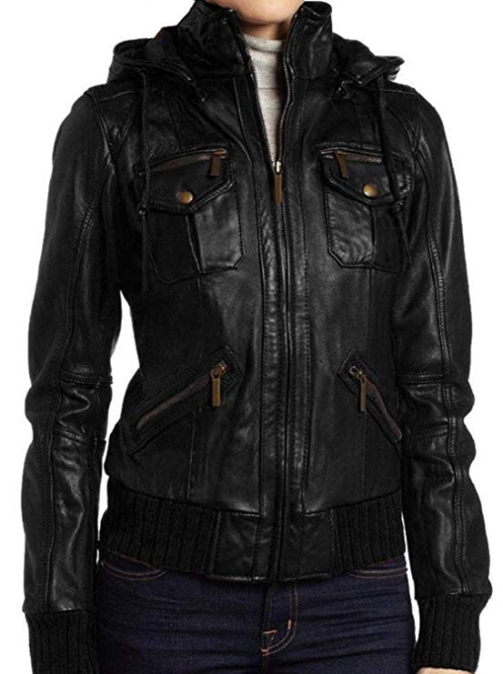 The Leather Factory Women's Lambskin Detachable Hooded Leather Bomber Jacket