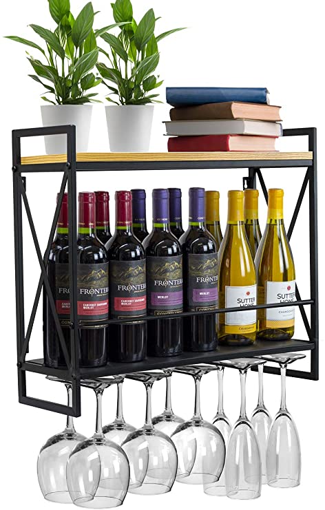 Sorbus Wine Bottle Stemware Glass Rack, Industrial 2-Tier Wood Shelf, Wall Mounted Wine Racks with 5 Stem Glass Holders for Wine Glasses, Flutes, Mugs, Home Décor, Metal