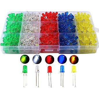 CESFONJER 500pcs x 5mm Light Emitting Diode, Diffused 2pin Round Color White/Red/Yellow/Green/Blue Kit Box (5 colors x 100pcs)
