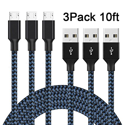 ONSON Micro USB Cable,3Pack 10FT Extra long Nylon Braided High Speed Android Charger USB to Micro USB Cable Samsung Fast Charger Charging Cord for Samsung Galaxy S7 Edge/S6 Edge/S4/Note 5/Note 4(Blue)