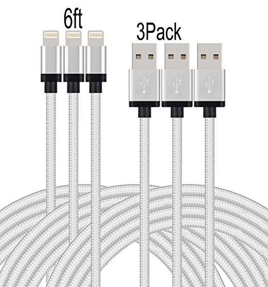 Frieso 3Pack 6ft Nylon Braided Lightning to USB Charging Cable for iPhone 7/7 plus,6s 6 Plus 5s 5c 5,iPhone SE, iPad Pro, Air 2, iPad mini 4 3 2, iPod touch 5/6/7(Silver)