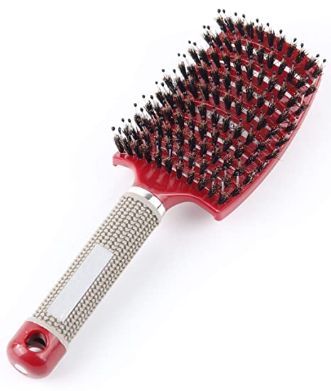 Natural Boar Bristle and Nylon Curved vented Hair Brush Vent Hair Brush Blow Dryer Brush, Hair Detangling Massage Brushes, Professional styling tool (Red)