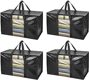 BALEINE 4-Pack Oversized Moving Bags with Reinforced Handles, Heavy-Duty Storage Tote Moving Supplies for Packaging, Camping (Black w/Window, 4-Pack)