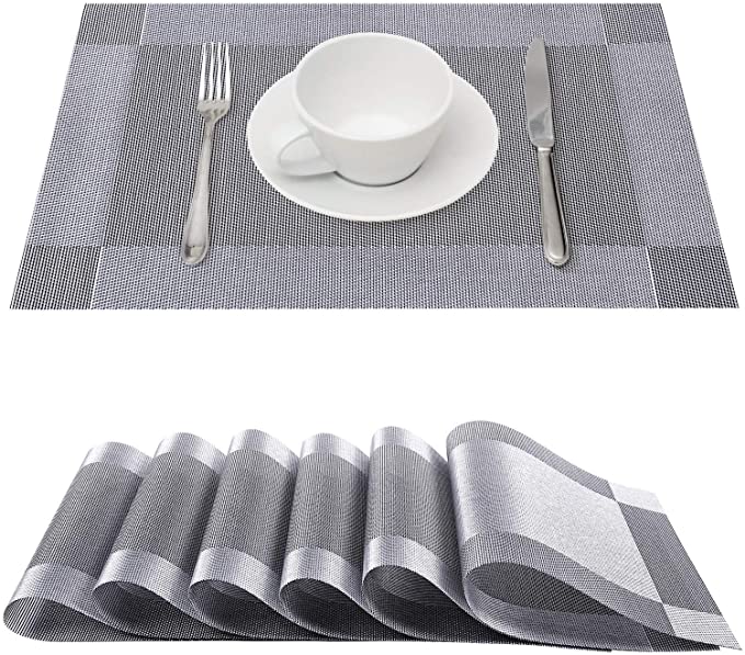 homing Placemats for Dining Table Set of 6 - Woven Vinyl Plastic Heat Resistant Kitchen Table Mats Washable, Easy to Clean PVC Place Mats, 18 x 12 in, Gray