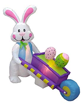 BZB Goods 4 Foot Inflatable Party Bunny Pushing Wheelbarrow with Eggs Lighted Outdoor Indoor Holiday Decorations Blow up Yard Lawn Inflatables Home Family Outside Decor