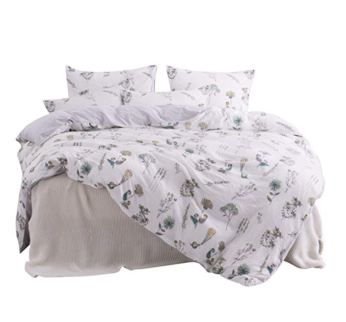 ughome Queen Flower Duvet Cover Set, Supper Soft Lightweight White Floral Hotel Bedding Sets Washed Cotton Technology Comforter Cover with 2 Pillowcases and 1 Duvet Cover(Queen, White)