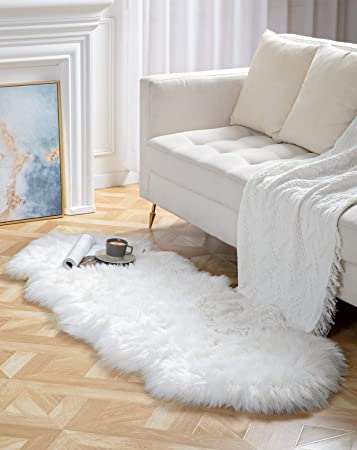 BAYKA Faux Sheepskin Fur Area Rug, Luxury Fluffy Area Rug, Soft Furry Carpet Rug for Bedroom, Children’s Room, Decor Rug 2x6 Feet,Pear White