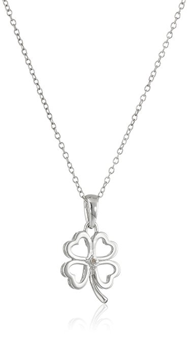 Sterling Silver Four-Leaf Clover with Diamond Accent Pendant Necklace , 18"