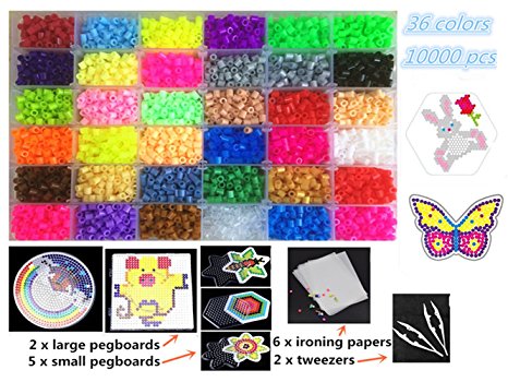 Mini Perler Beads Fuse Beads Kit-36 Colors 10000 pcs 5mm Size Box(Peg Boards,Color Cards,Iron Papers,Tweezers)-Craft DIY Jigsaw Puzzle for Kids Adults Chirdren