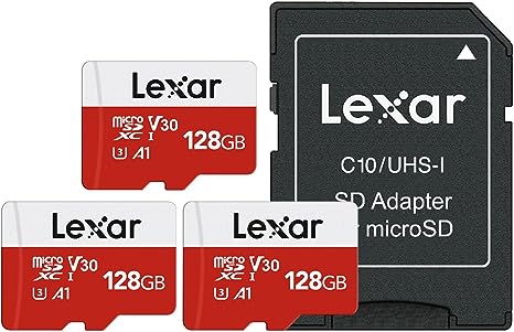 Lexar Micro SD Card Up to 100MB/s(R), 128G MicroSDXC Memory Card   SD Adapter with A1, C10, U3, V30, 4K Video Recording, TF Card (3 microSD Cards   1 Adapter)