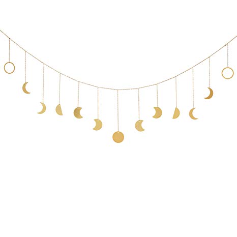 Mkono Moon Phase Garland with Chains Boho Gold Shining Phase Wall Hanging Ornaments Moon Hang Art Room Decor for Wedding Home Office Nursery Room Dorm, 55"