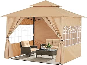 ABCCANOPY 8x8 Outdoor Gazebo - Patio Screened Gazebo with Curtains and Windows for Deck, Lawn and Backyard (Beige)