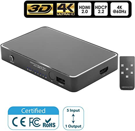 INSTEN 5-Port 4K HDMI Switch Supports HDMI 2.0 4K@60Hz High Speed 18 Gbps HDCP 2.2 3D HDR with IR Remote Control, USB Charging Port Compatible with HDTV PS4 Xbox One Blu-Ray DVD Smart TV Switcher Box