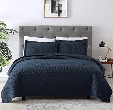 EXQ Home Quilt Set Full Queen Size Navy 3 Piece,Lightweight Hypoallergenic Microfiber Coverlet Modern Style Squares Pattern Bedspread Set