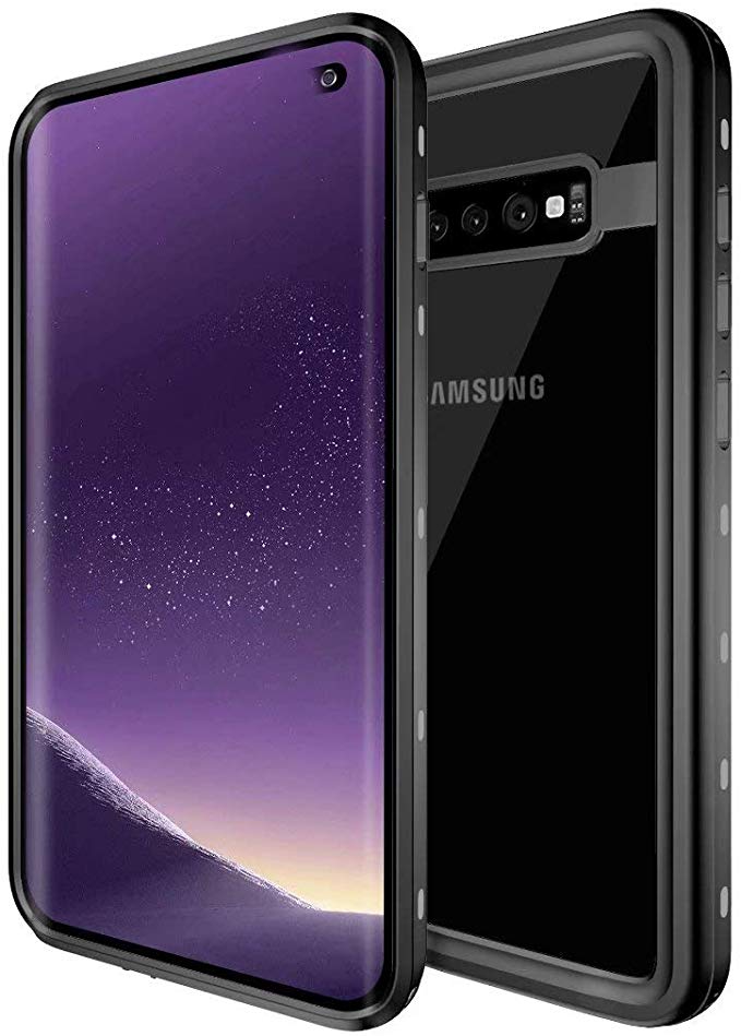 Mangix Galaxy S10 Waterproof Case, Built-in Screen Protector[The1st Compatible with Fingerprint ID] Rugged Bumper Full-Body Protective Clear Back Cover Case for Samsung Galaxy S10 6.1inch (Black)
