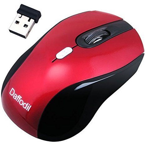 Daffodil WMS335 Wireless Optical Mouse 2.4GHz - Cordless 3 Button PC Mouse with Scrollwheel and Adjustable Sensitivity (MAX DPI: 2000) - For Laptop / Netbook / Desktop Computers - Supported by: Microsoft Windows (7 / XP / Vista) and Apple MAC (OS X  ) - Battery Powered (1xAA Inc.) (Red)