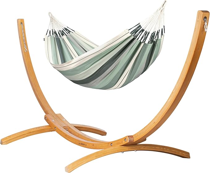 LA SIESTA® Modesta Cotton Hammock & Wood Stand - Indoor Outdoor Hammock with Stand, Larch Wood Stand - Large 2 Person Hammock with Stand for Outside Patio Hammock - Max 355 Lbs, Double Hammock, Olive