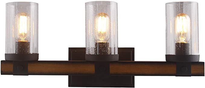 3 Light Barrington Distressed Black and Wood Bathroom Vanity Light Wall sconces Wall Lamp Bathroom Bubble Seeded Glass Rustic Industrial Sytle