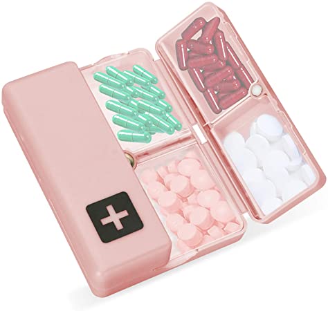 FYY Daily Pill Organizer, 7 Compartments Portable Pill Case Travel Pill Organizer,[Folding Design]Pill Box for Purse Pocket to Hold Vitamins,Cod Liver Oil,Supplements and Medication Pink