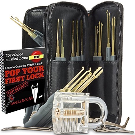 Longans 25 Piece Lock Pick Set with Clear Practice Lock and Lock Picking Ebook - Includes Stainless Steel Locksmith Picks, See Through Practice Lock